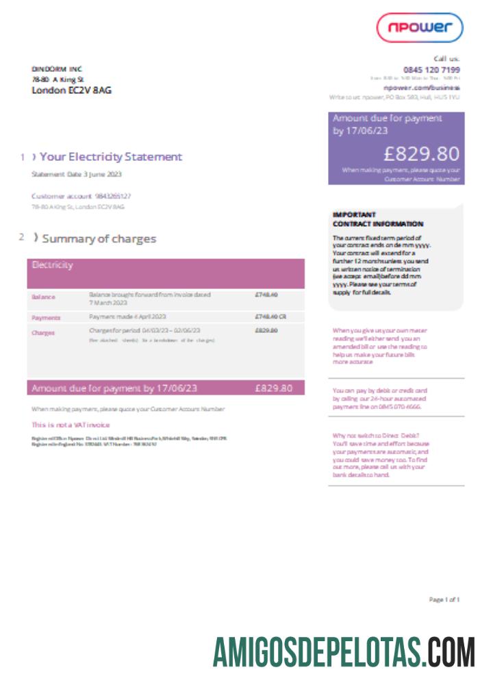 Projeto de lei comercial de serviços públicos Npower, versão 2, SCR exemplo real